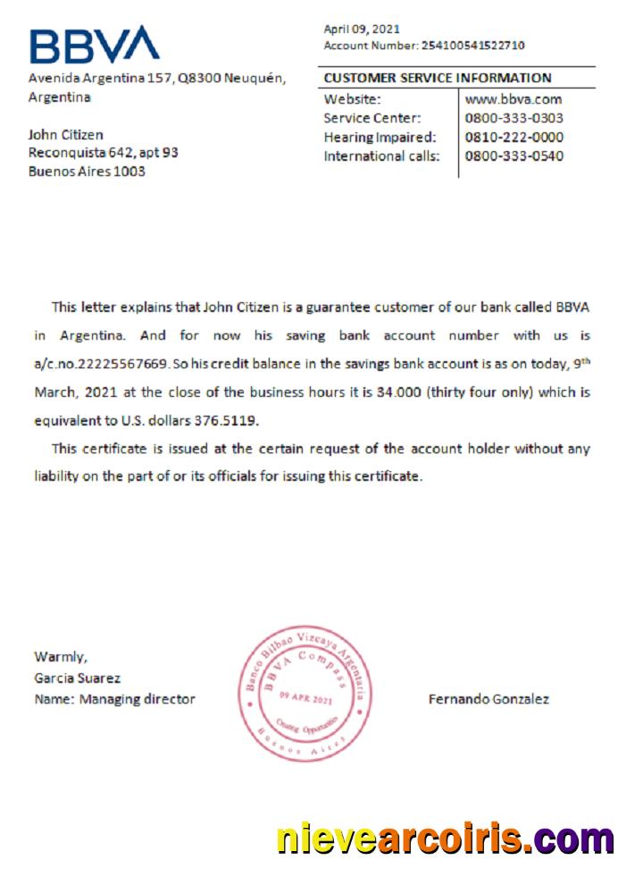 Argentina BBVA Bank Reference Template