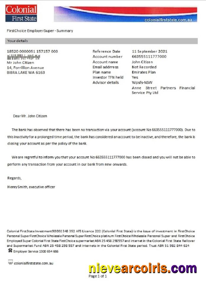 Australia Colonial First State Closure Reference Sample