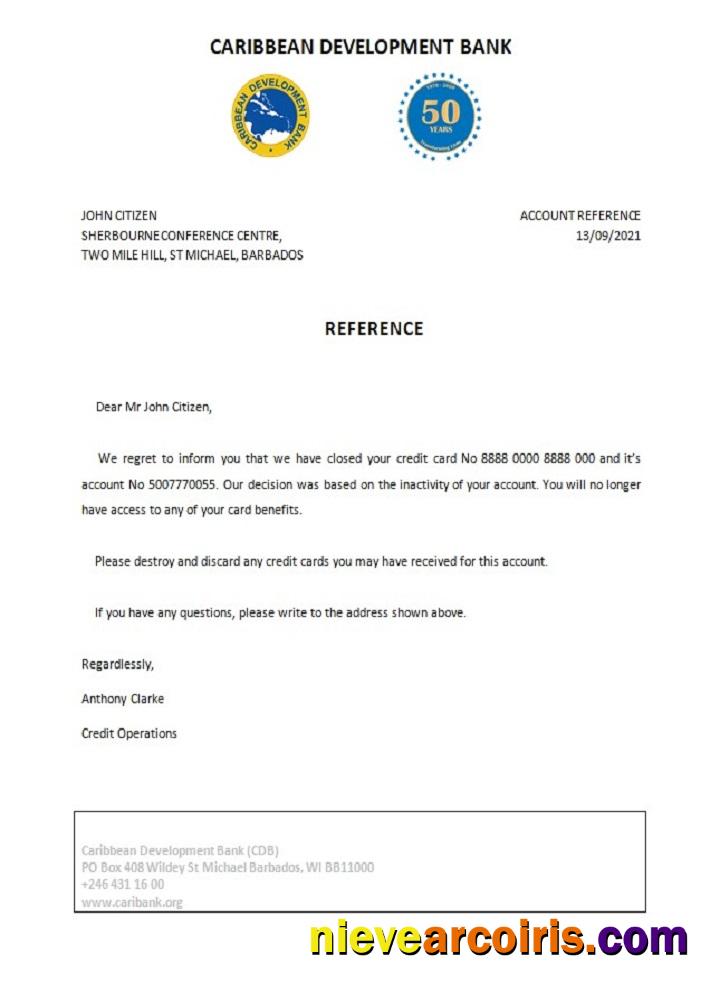 Barbados Caribbean Development Bank Closure Reference Sample