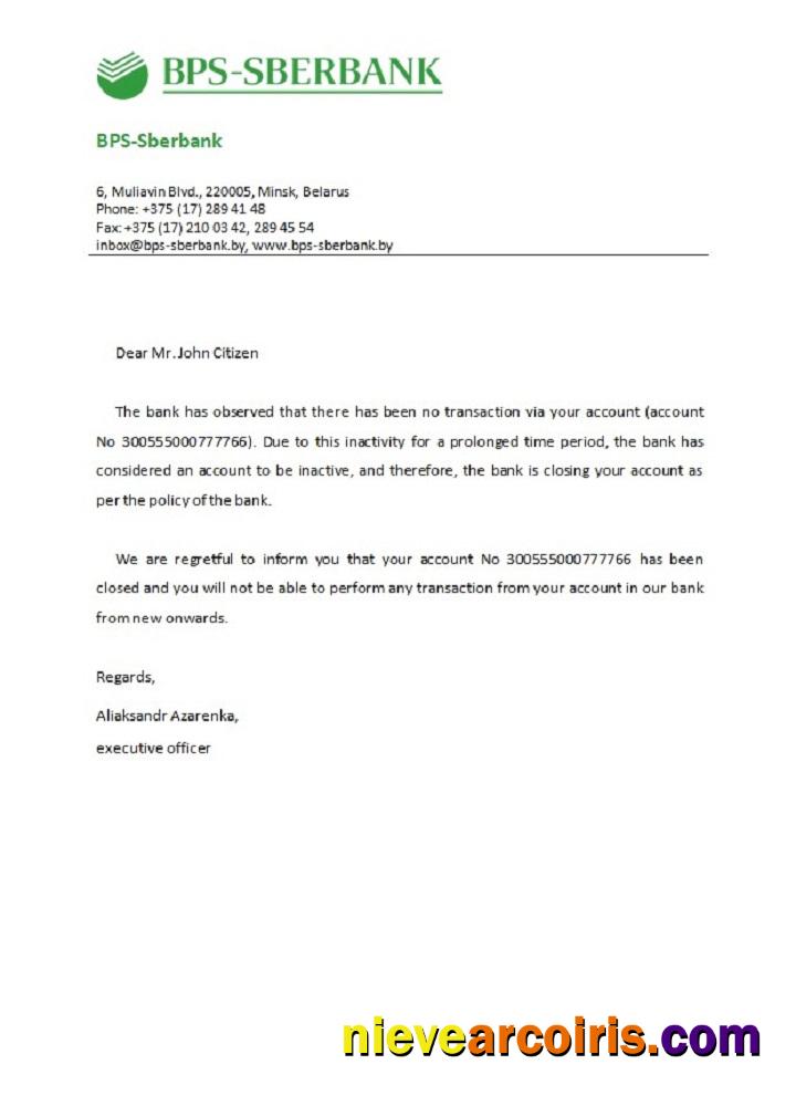 Belarus BPS SBERBANK Closure Reference Sample