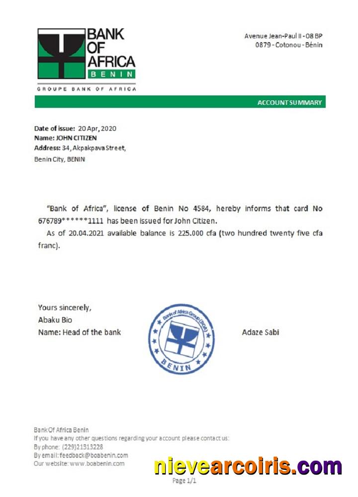 Benin BankofAfrica Reference Sample