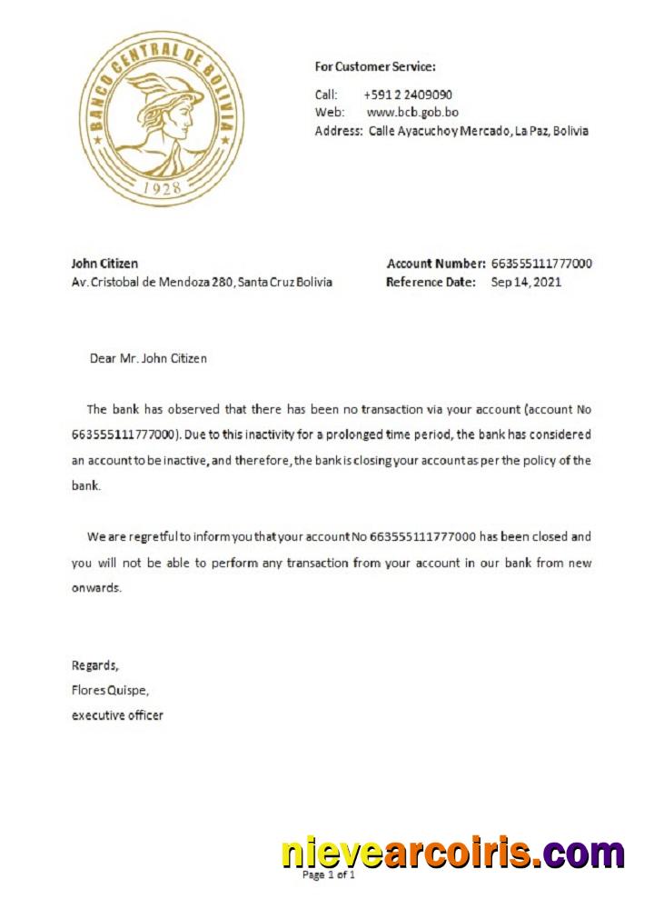 Bolivia Banco Central De Bolivia Closure Reference Template
