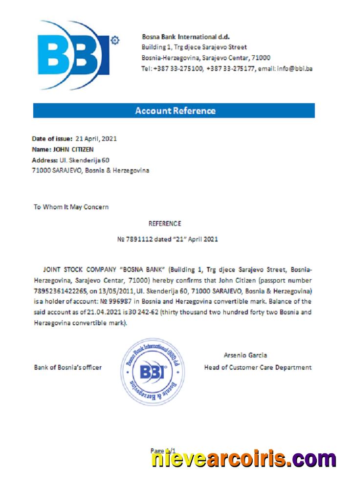 Bosnia And Herzegovina Bosna Bank Internat Reference Template