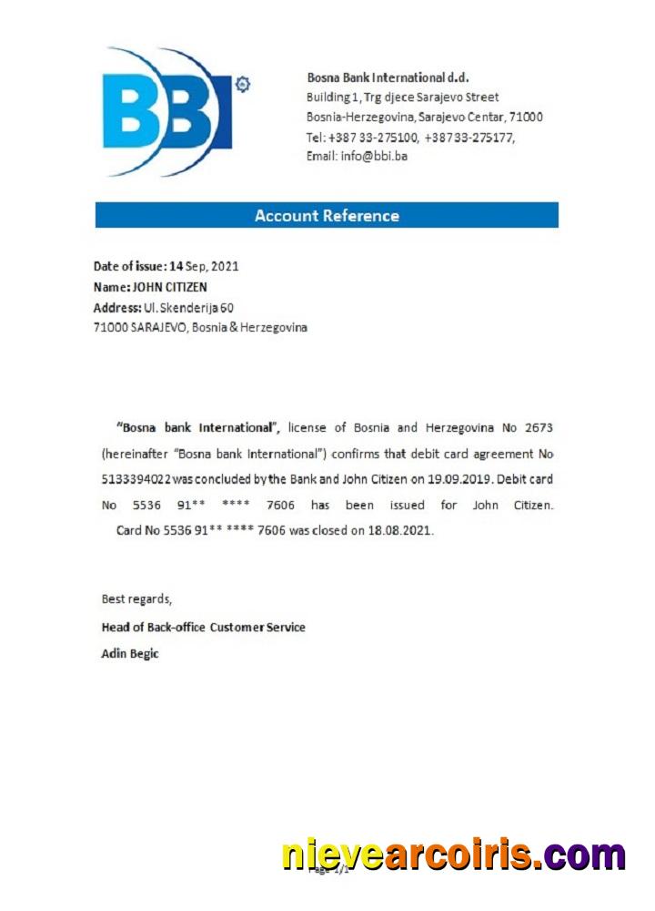 Bosnia And Herzegovina Bosna Bank Internat Closure Reference Template