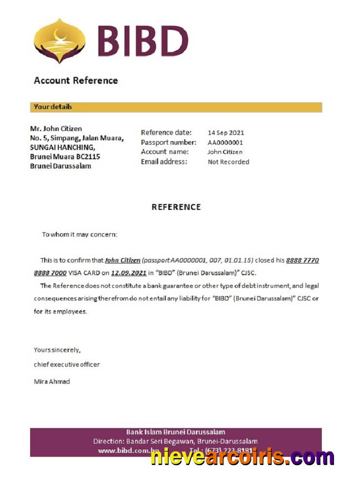 Brunei Islam Darussalam Bank Closure Reference Sample
