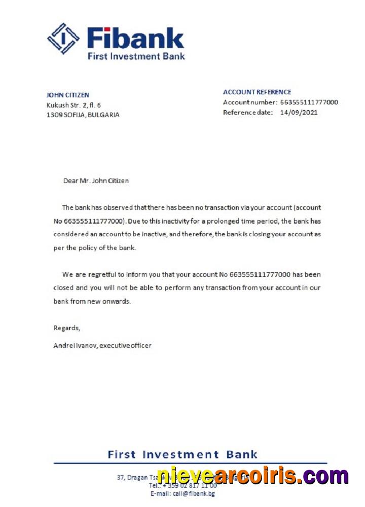 Bulgaria First Investment Bank Closure Reference Template
