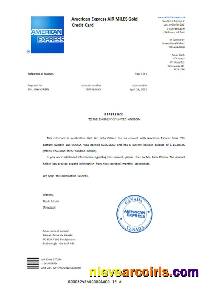 Canada American Express Air Miles Gold Credit Card Reference Template