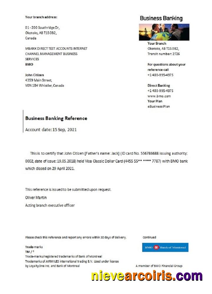 Canada BMO Bank Of Montreal Closure Reference Sample