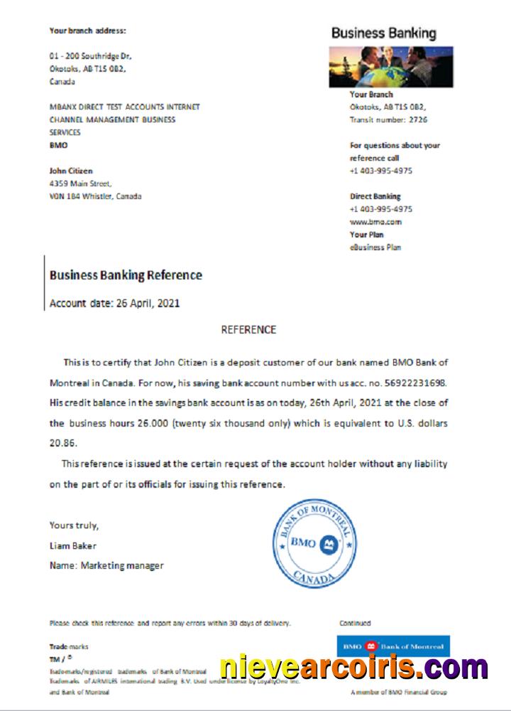 Canada BMO Bank Of Montreal Reference Template