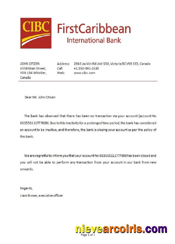 Canada CIBC Bank Closure Reference Template