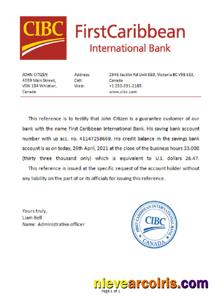 Canada CIBC Bank Reference Sample