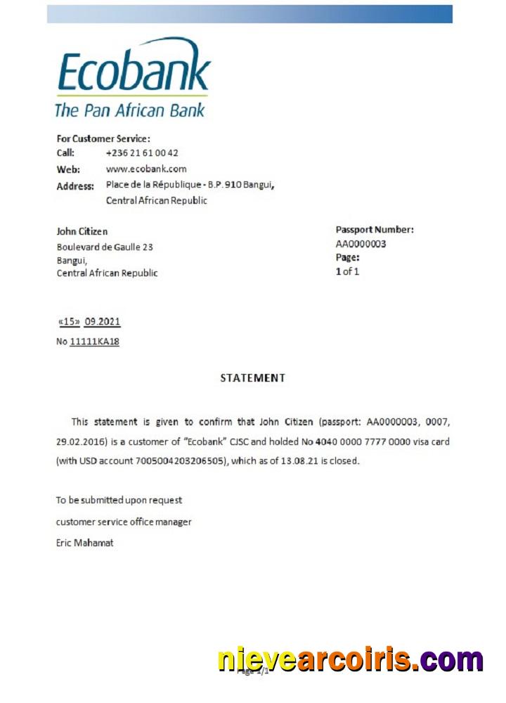 Central African Republic Ecobank Closure Reference Template