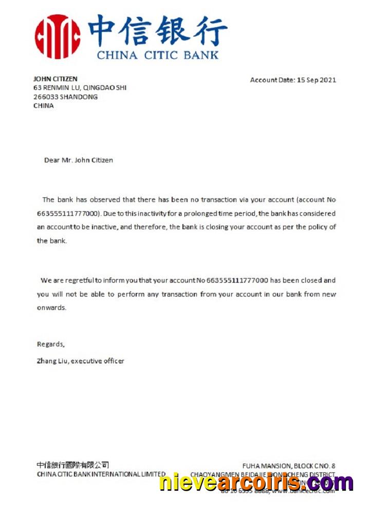 China Citic Bank Closure Reference Template