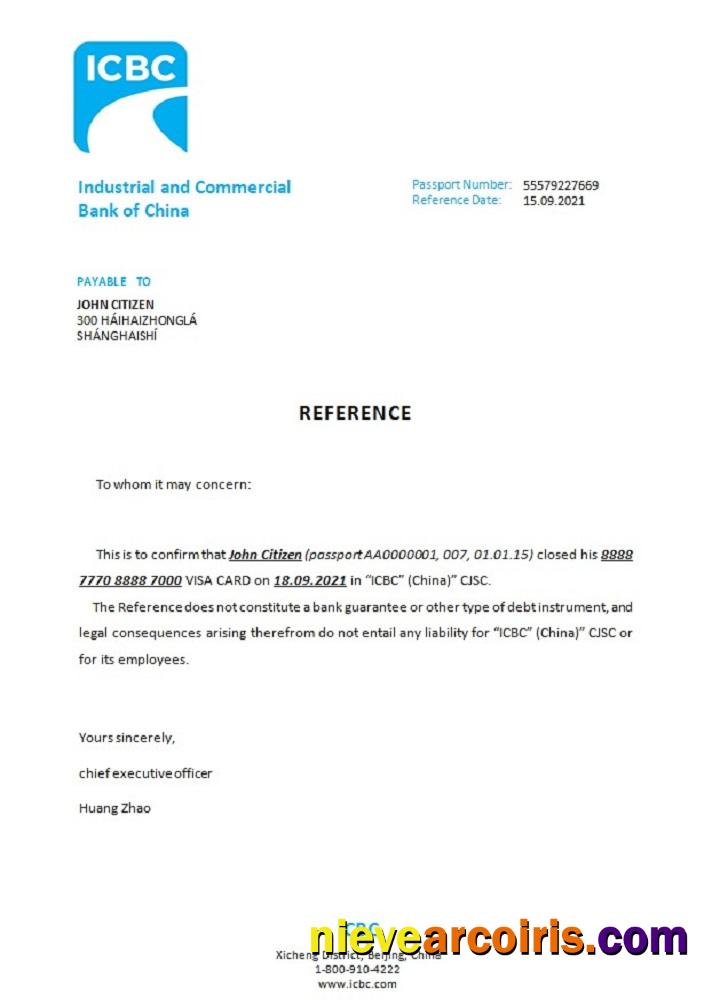 China Industrial And Commercial Bank Closure Reference Sample