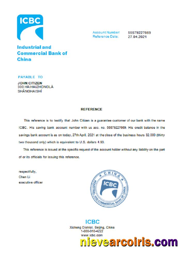 China Industrial And Commercial Bank Reference Template