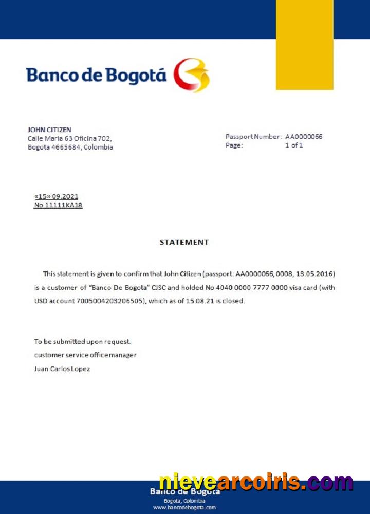 Colombia Banco De Bogotá Closure Reference Template