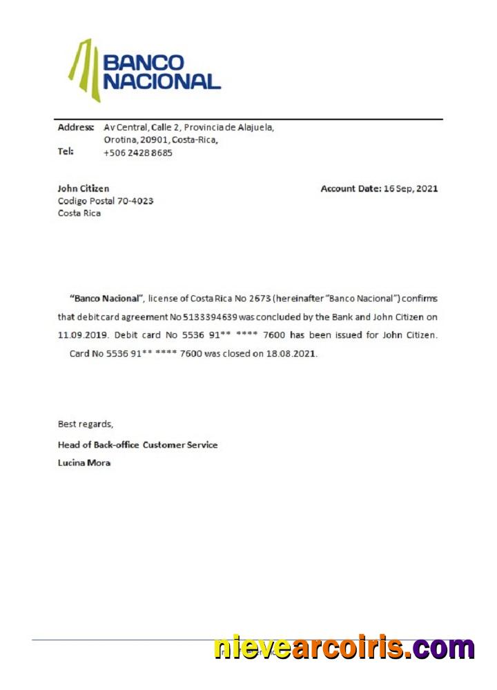 Costa Rica Banco Nacional Closure Reference Template