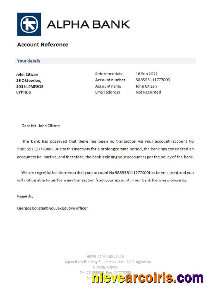 Cyprus Alpha Bank Closure Reference Sample