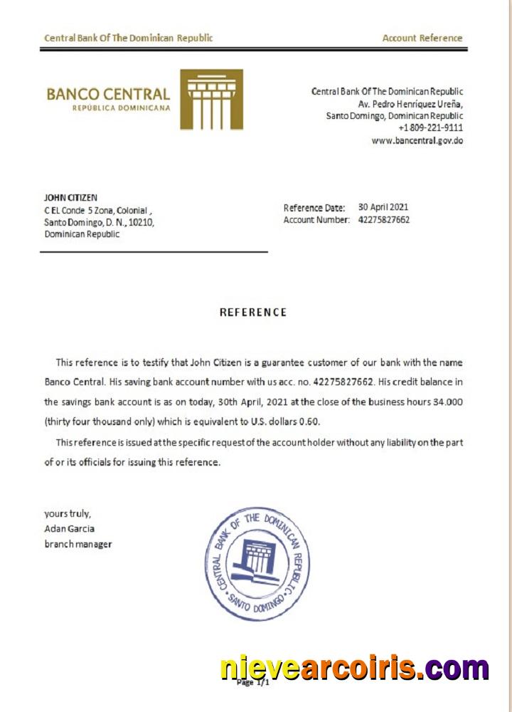Dominicia Central Bank Reference Sample