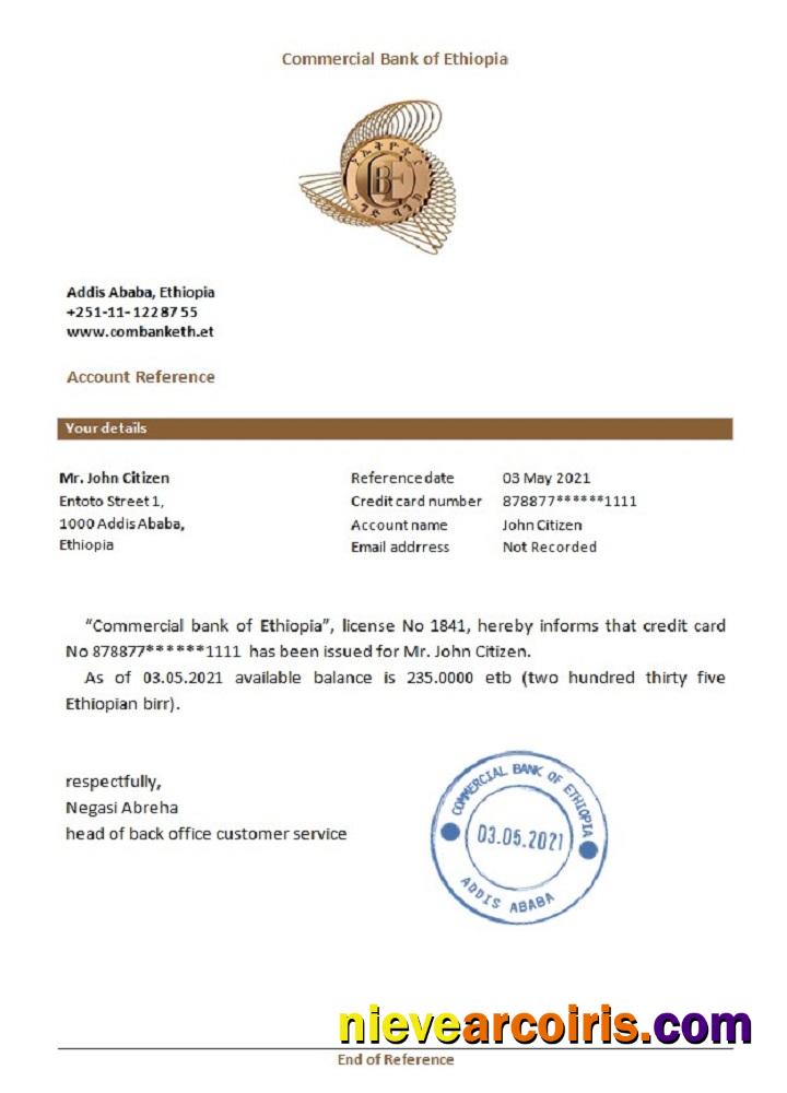 Ethiopia Commercial Bank Reference Sample