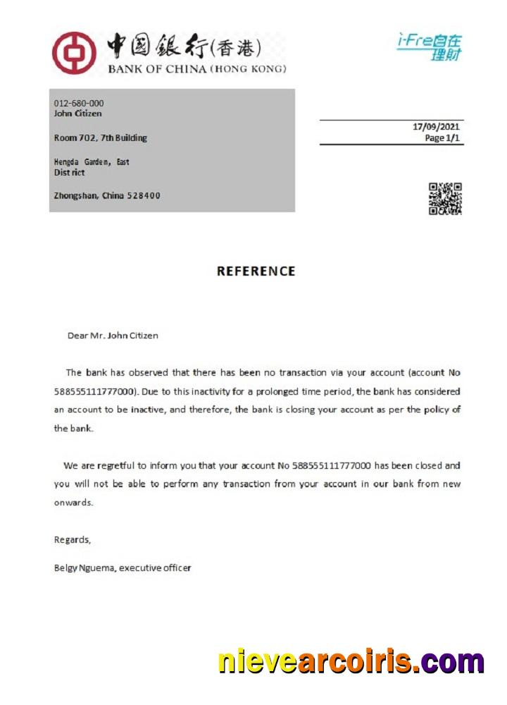 Hong Kong Bank Of China Closure Reference Template