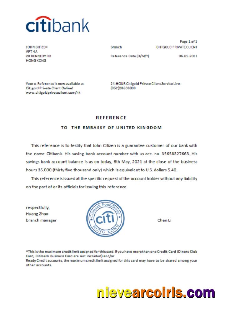 Hong Kong Citibank Reference Sample