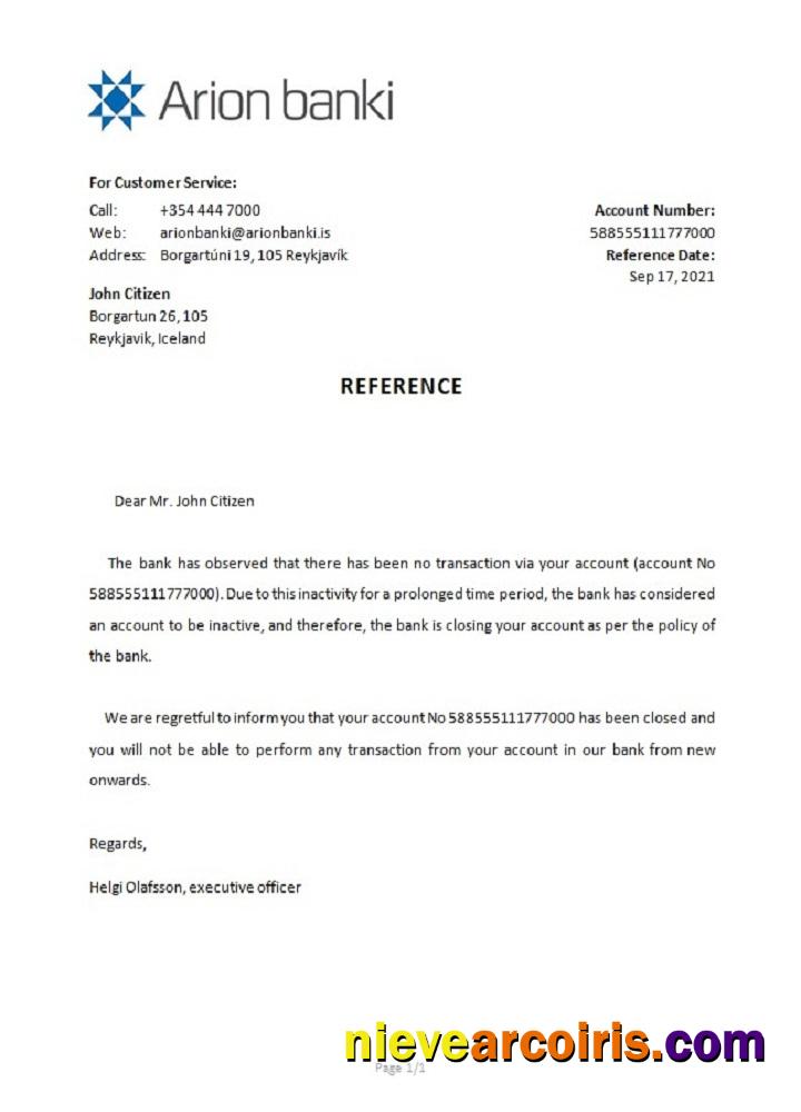 Iceland Arion Bank Closure Reference Template