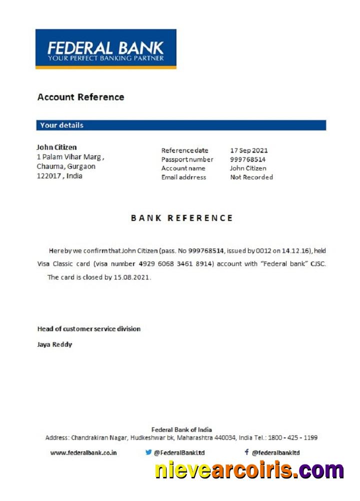 India Federal Bank Closure Reference Sample