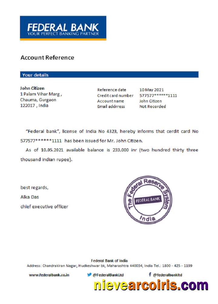 India Federal Bank Reference Sample