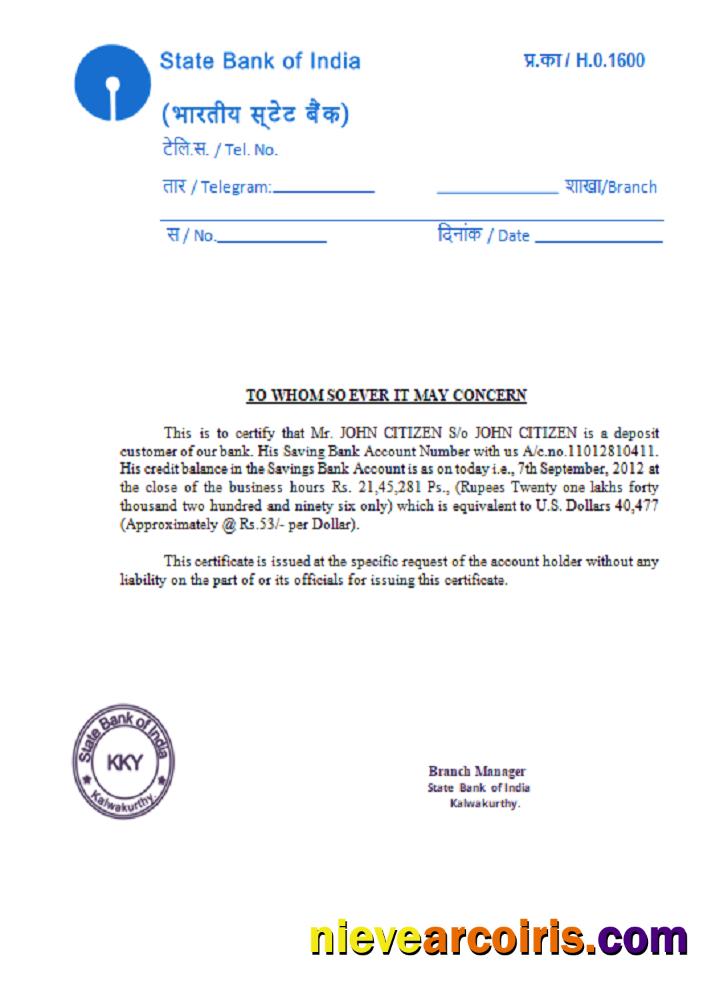 India State Bank Of India Reference Sample