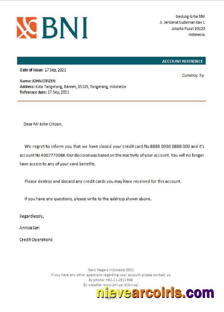 Indonesia Bank Negara Closure Reference Sample