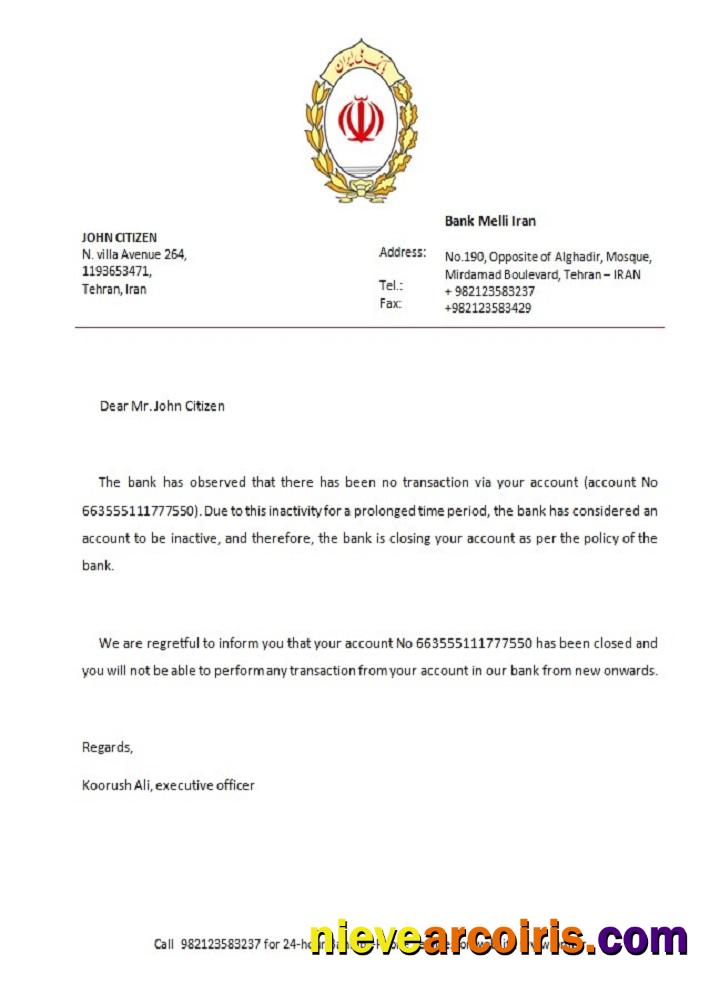 Iran Melli Bank Closure Reference Sample