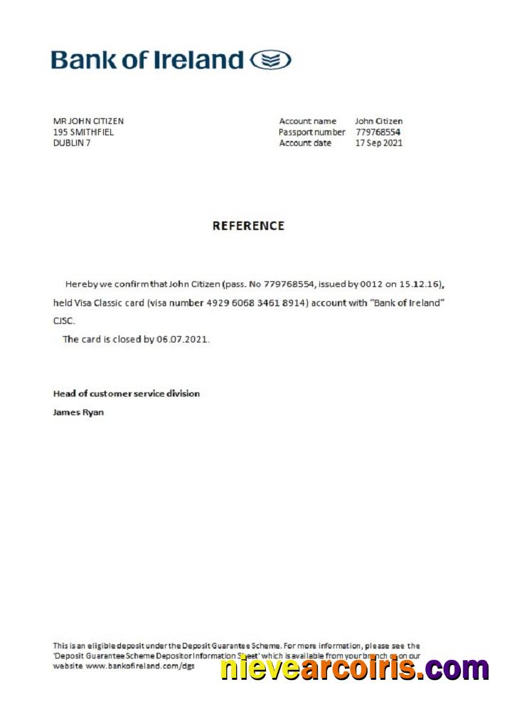 Ireland Bank Of Ireland Closure Reference Sample