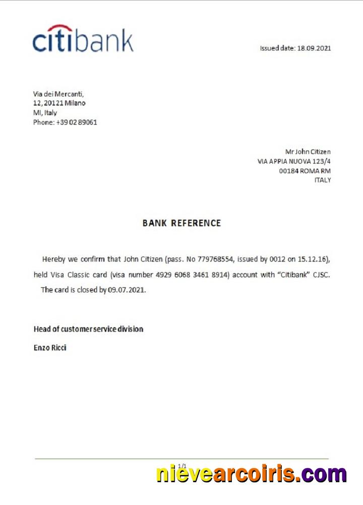 Italy Citibank Closure Reference Sample