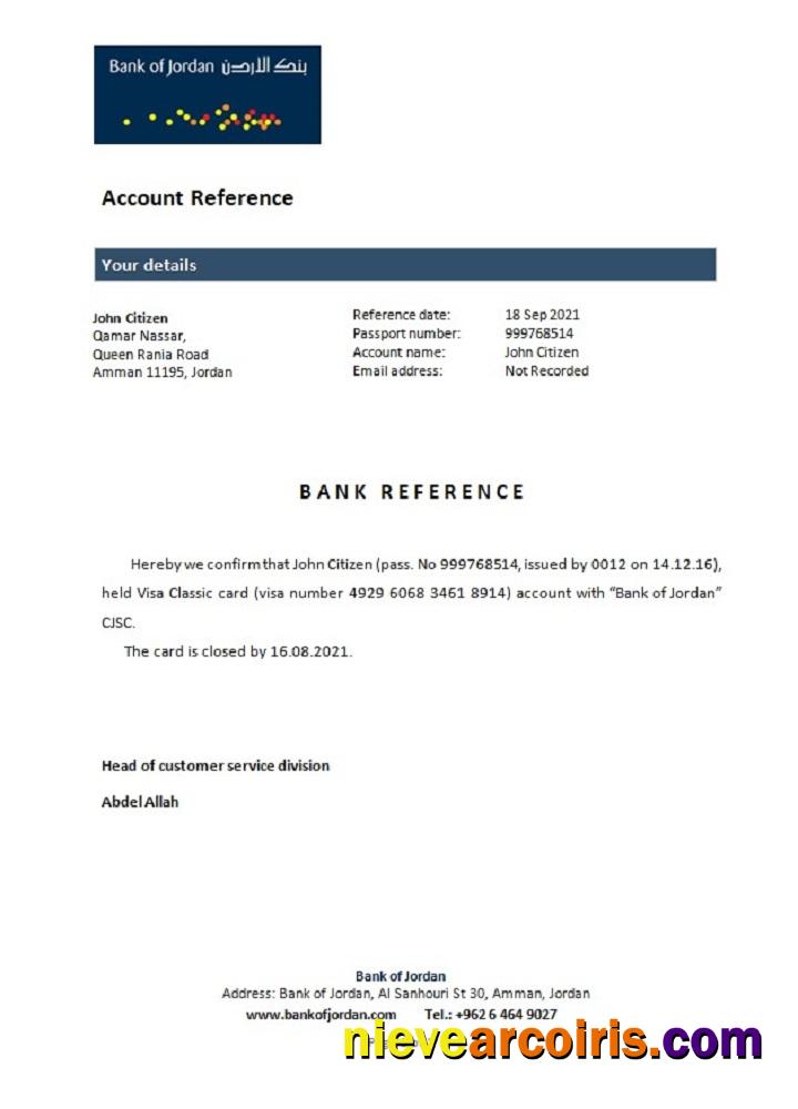 Jordan Bank Of Jordan Closure Reference Sample