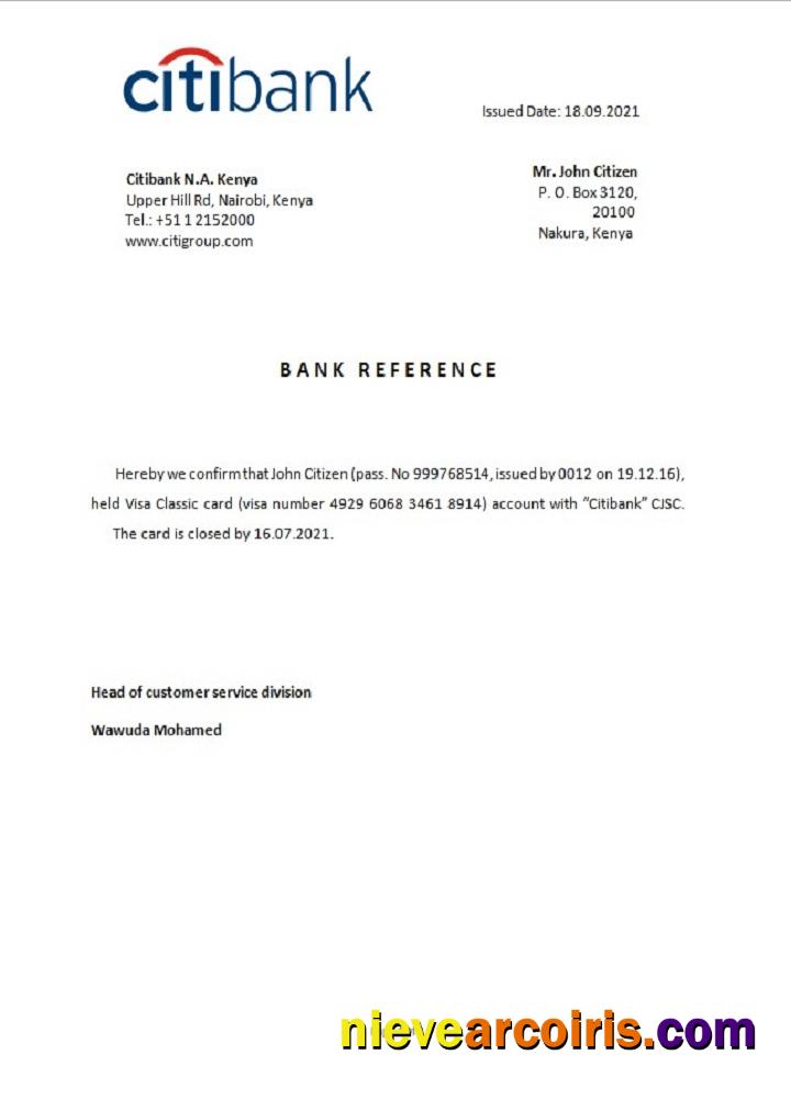 Kenya Citibank Closure Reference Template