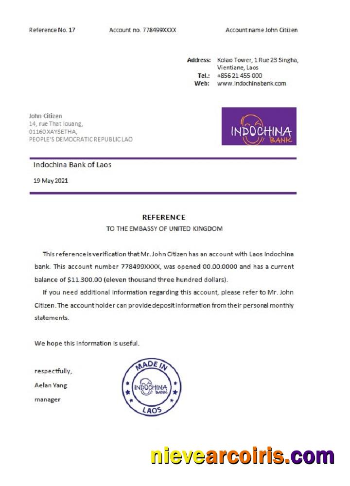 Laos Indochina Bank Reference Sample