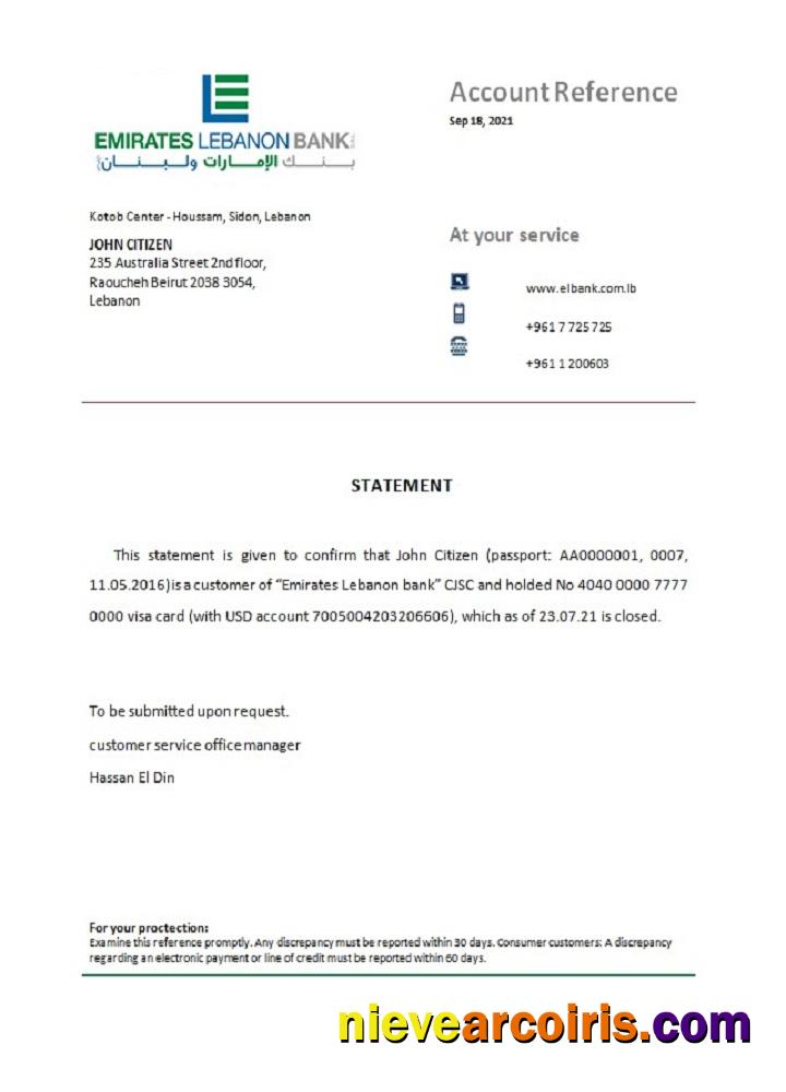 Lebanon Emirates Lebanon Bank Closure Reference Template
