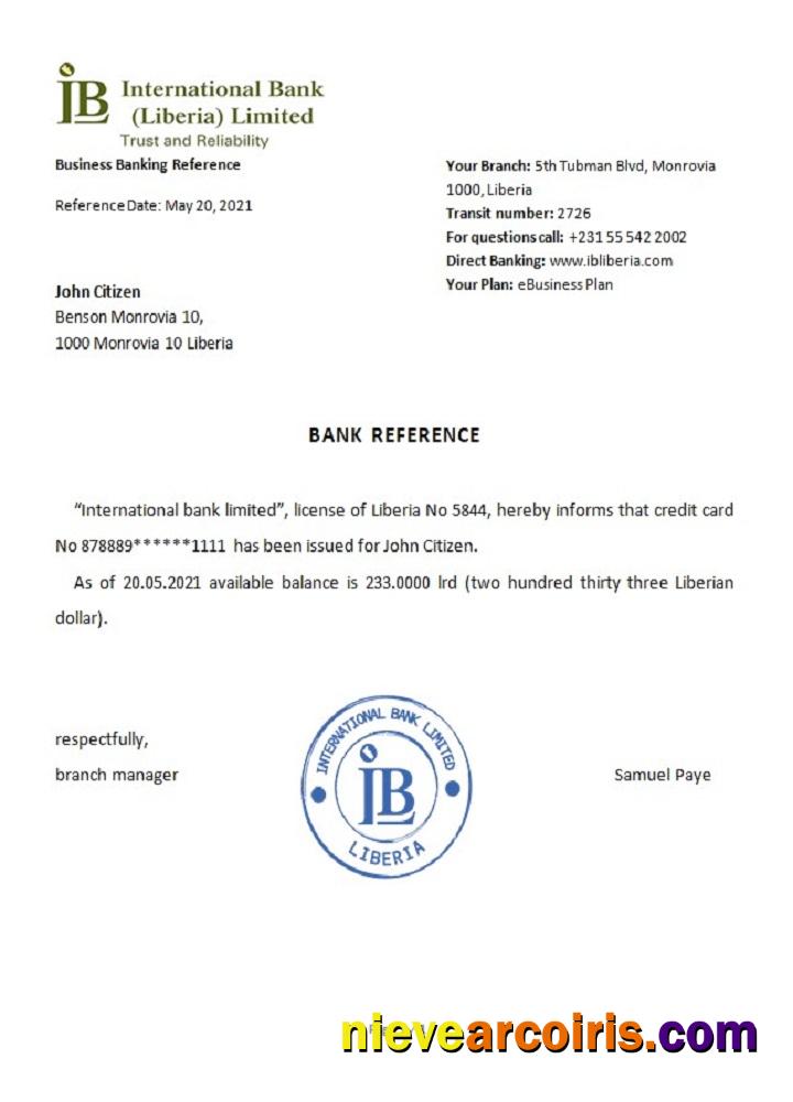 Liberia IB International Bank Reference Preview
