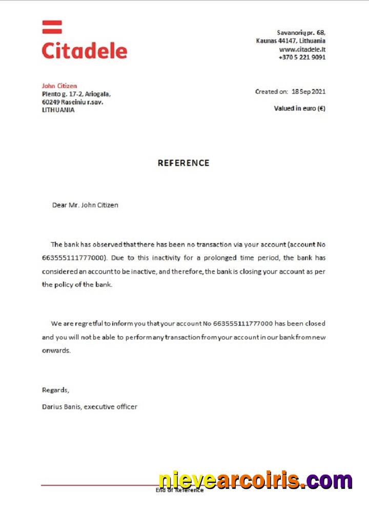 Lithuania Citadele Bank Closure Reference Template