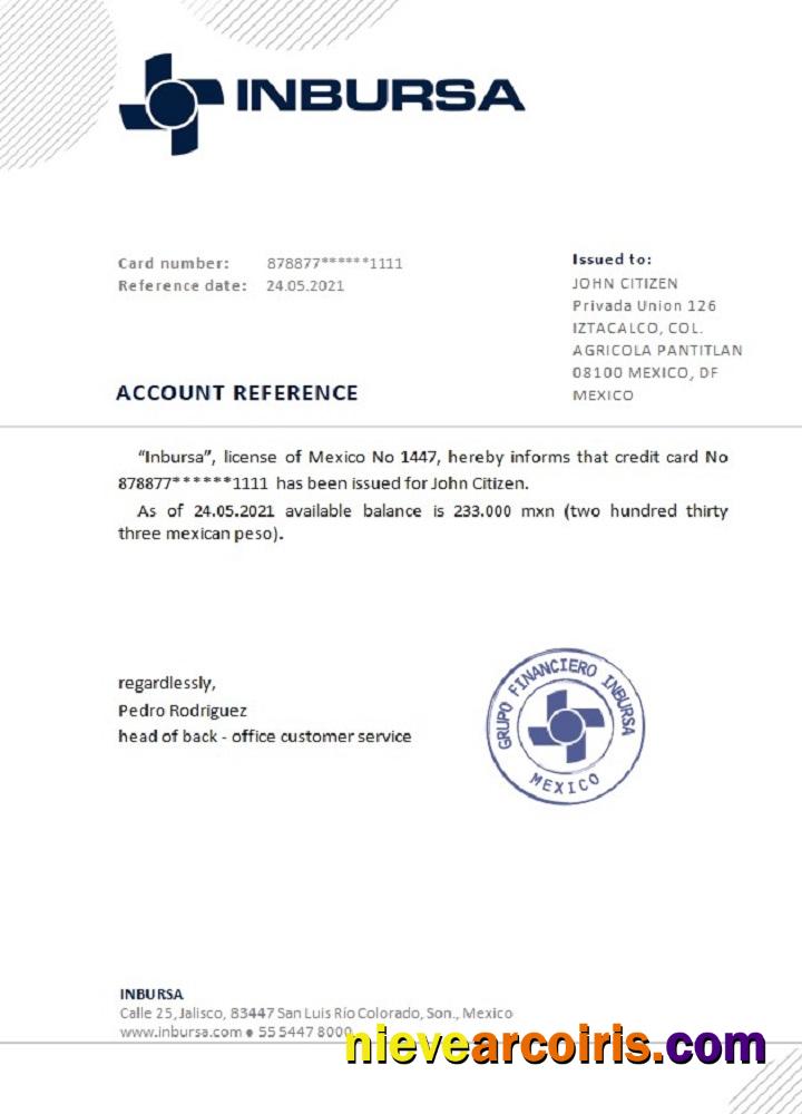 Mexico Inbursa Bank Reference Template