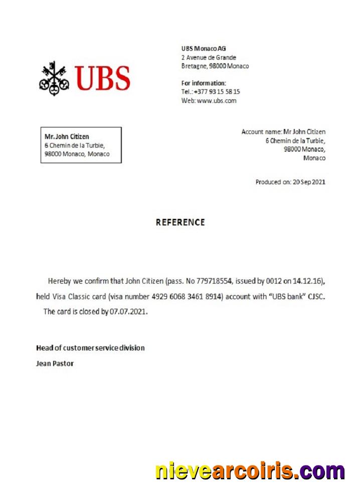Monaco UBS Bank Closure Reference Sample