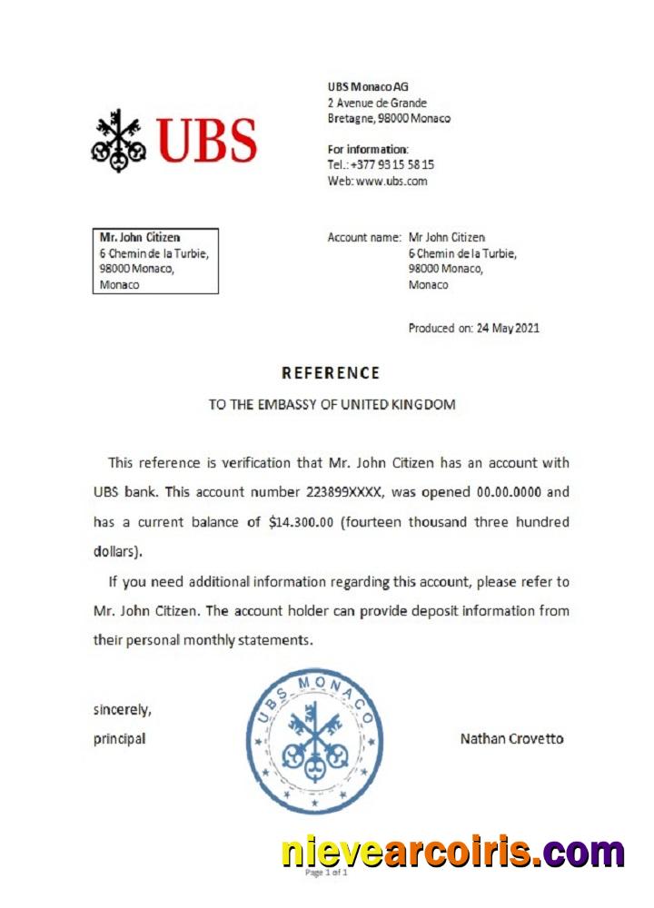 Monaco UBS Bank Reference Template