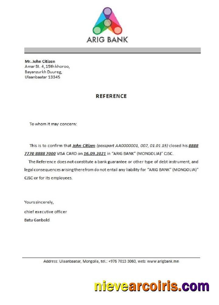 Mongolia Arig Bank Closure Reference Sample