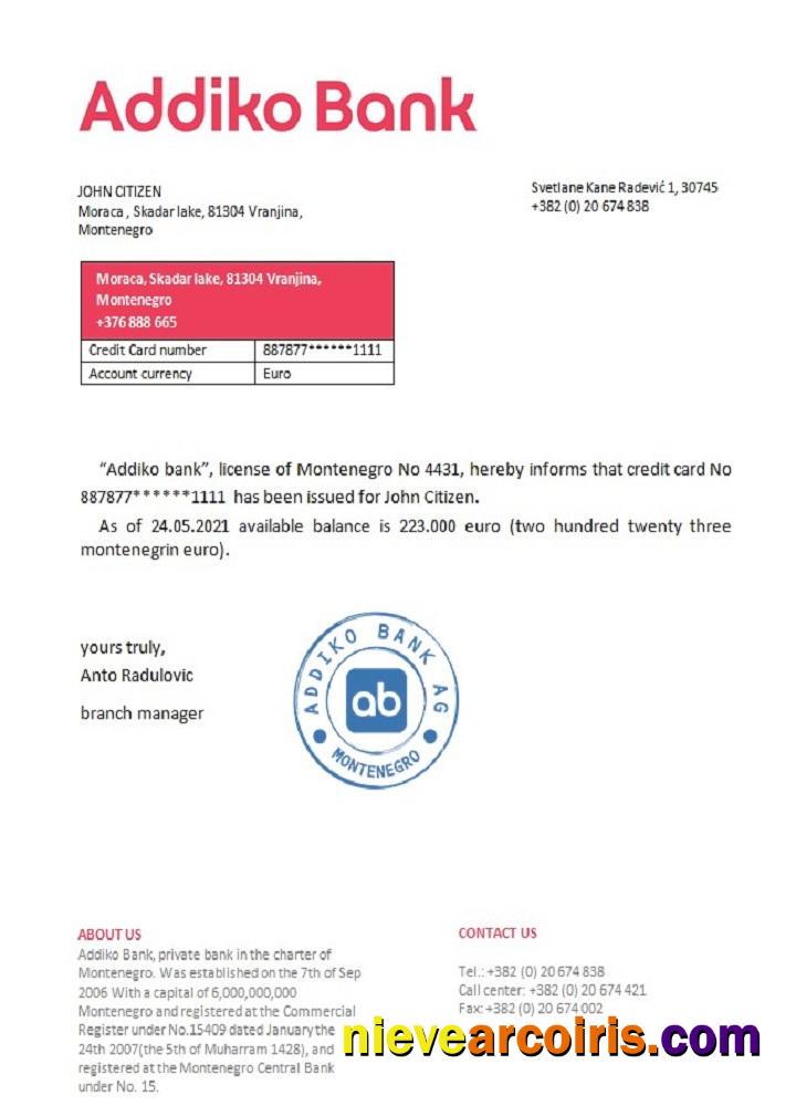 Montenegro Addiko Bank Reference Sample