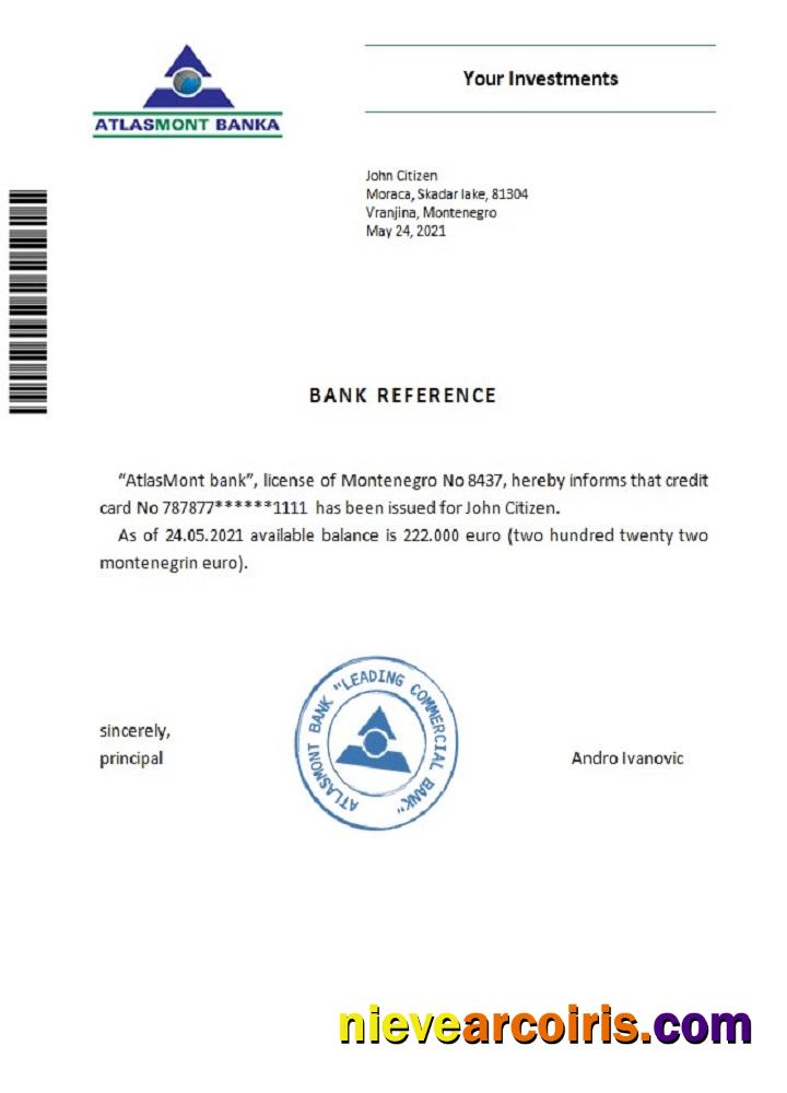 Montenegro Atlasmont Bank Reference Sample