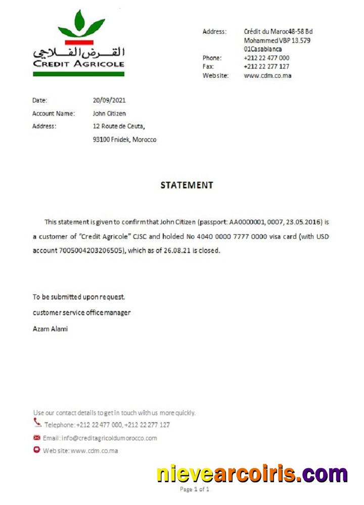 Morocco Credit Agricole Bank Closure Reference Template