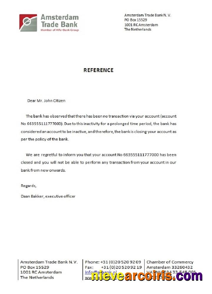 Netherlands Amsterdam Trade Bank Closure Certificate Template