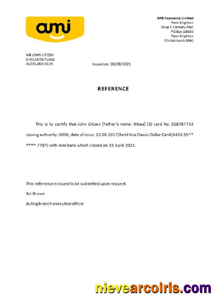 New Zealand Ami Bank Closure Reference Template