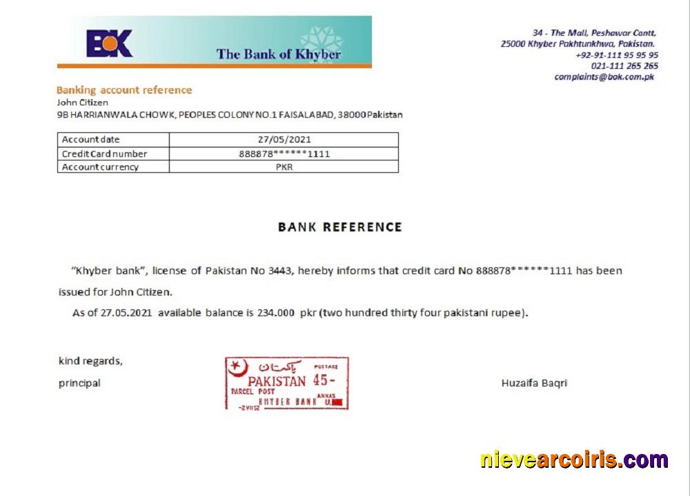 Pakistan Khyber Bank Reference Template